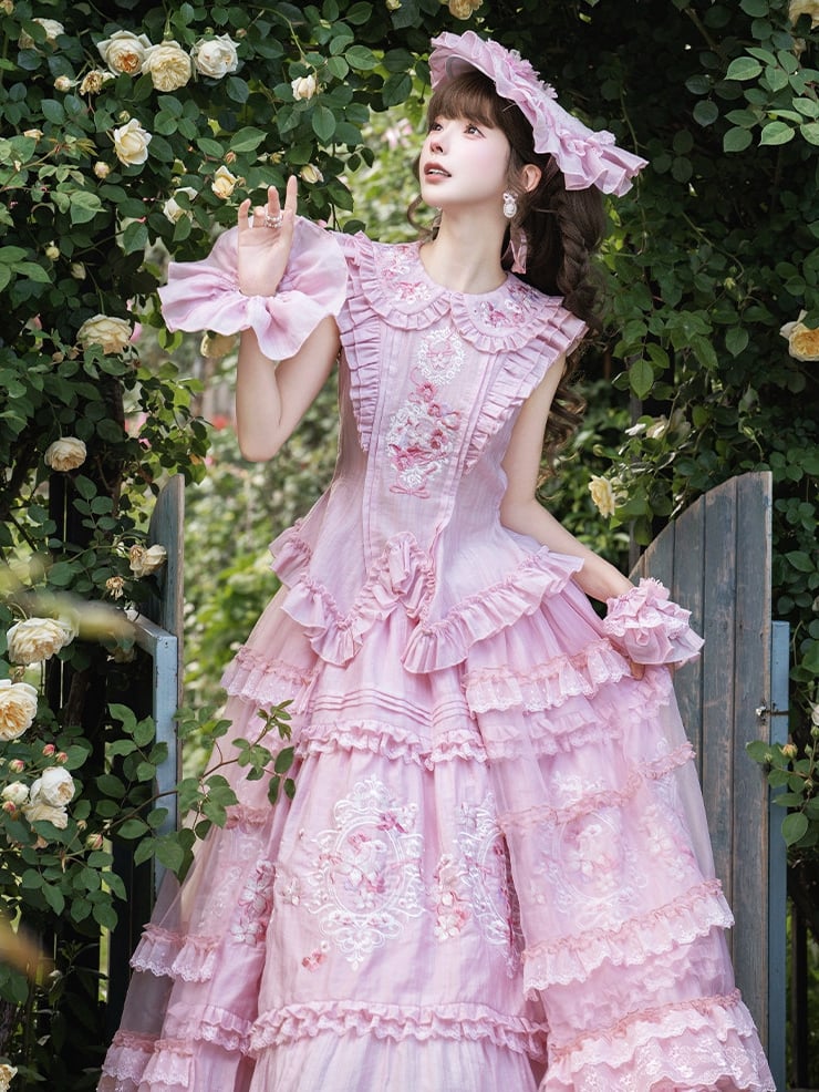 Pink Flutter Sleeves Lolita Top + Floral Embroidery Ruffled Skirt + Sheer Overlay + Hat Set - Misty Isle Letter