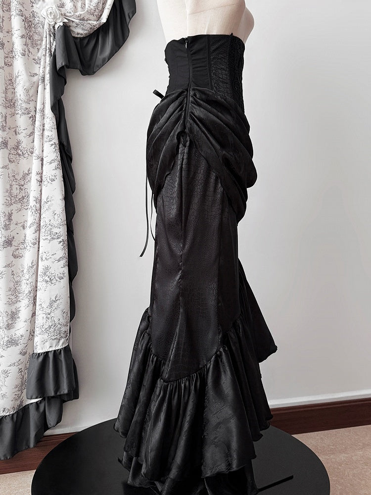 フラウンスゴシックスカート裾コルセットウエストマーメイドカスケーディングブラックボーンアシンメトリーロリータハイ