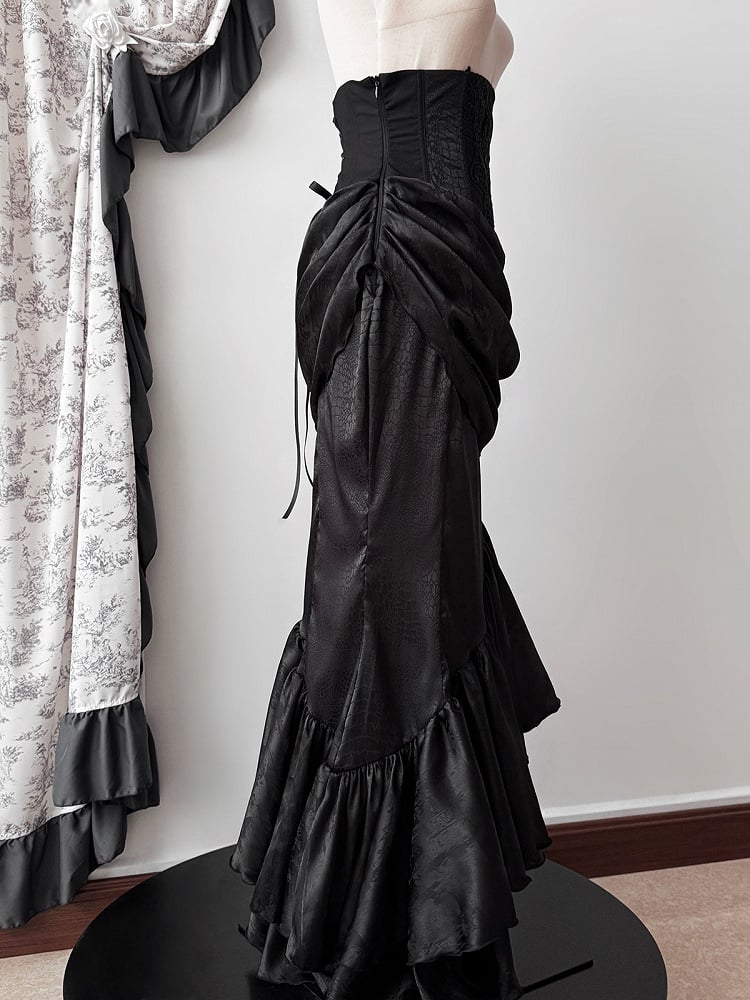 Gothic Asymmetrischer Rock Korsett mit Taillenstäbchen Kaskadierender hoher Lolita-Volant Meerjungfrauensaum Schwarz