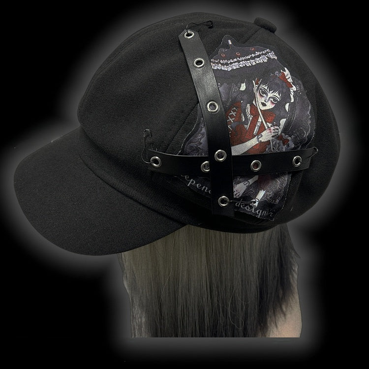Y2K Black Criss-cross Straps Goth Girl Applique Punk Beret