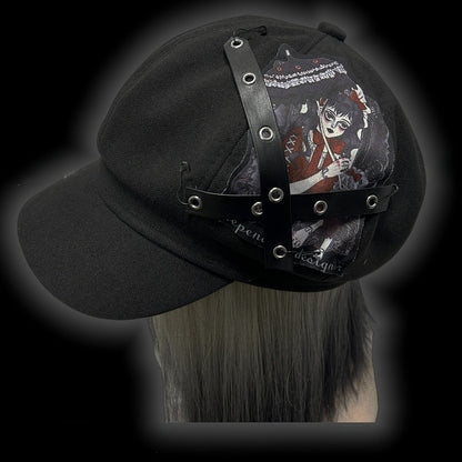 Y2K Black Criss-cross Straps Goth Girl Applique Punk Beret