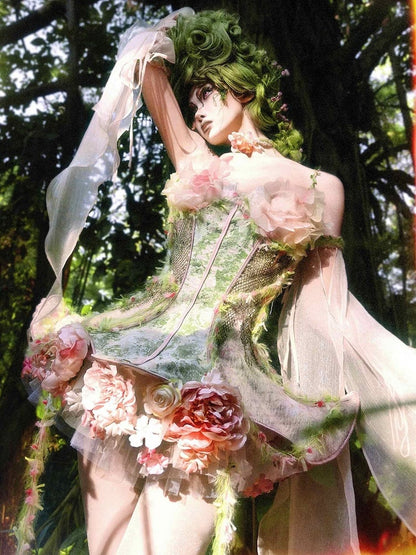 ピンクとグリーンの花柄デザイン、フェアリーゴス、つるスパゲッティストラップ、骨付きコルセットトップ