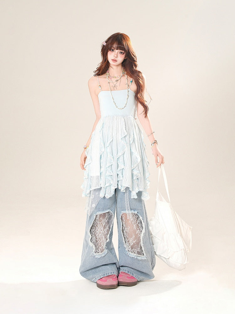 カスケードフリルアクセントレースキャミソールトップ ブルー/アプリコット