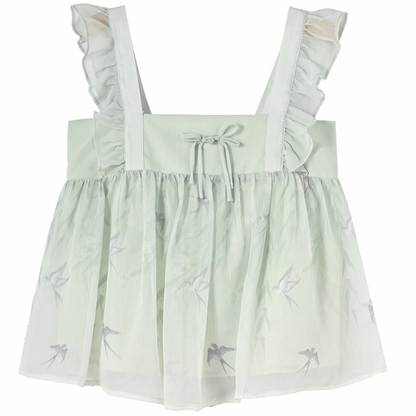 Grüne Flatterärmel mit Schwalben-Cheongsam-Print