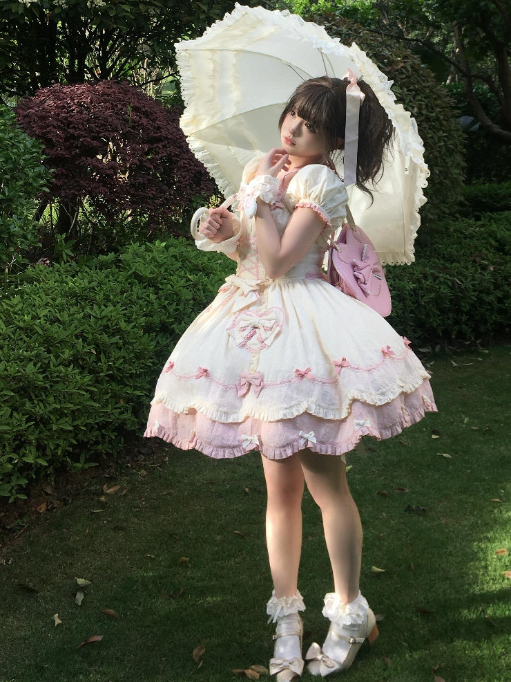 Sleeves Detail Sweet Old School Bowknots Lolita And Dress Yellow Piece One Pink Short Light