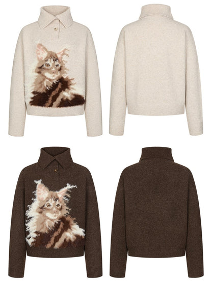Beige/Brown Cozy Loose-Fit Pullover Sweater with Cat Design and Convertible Collar