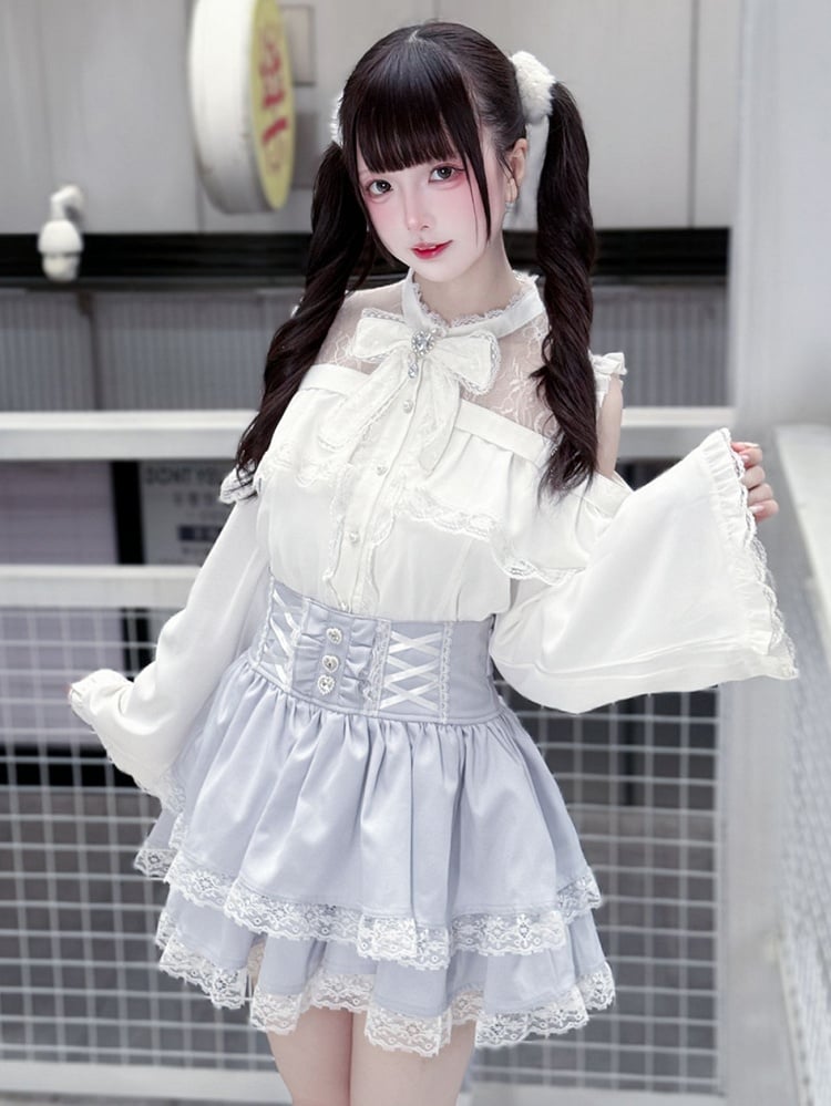 Bell Sleeves Open Shoulder with Blouse White Jirai Kei Three-Piece Set: