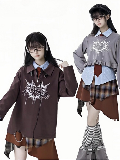 Sweatshirt mit Kragen und Grafik, braun, Polokragen, Schnallenriemen-Ausschnitt