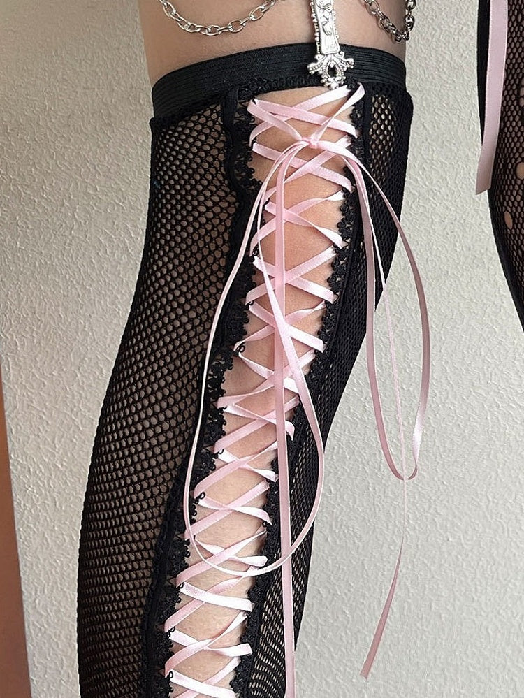 Monochrome Lace-Up Thigh-High Sock Set with Floral Trim - Ms. Sox