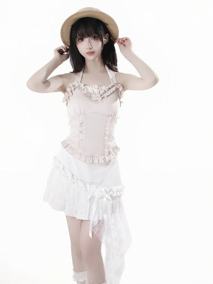 Saum Rosette Verziert Rock Weiß Spitze Patchwork Asymmetrische