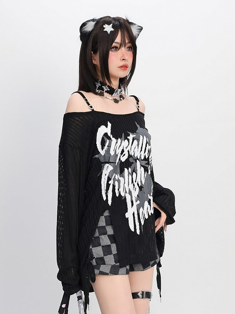 Y2K Schlitz Schwarz/Weiß Off-the-Shoulder Grafik Saum Ausschnitt Coverup