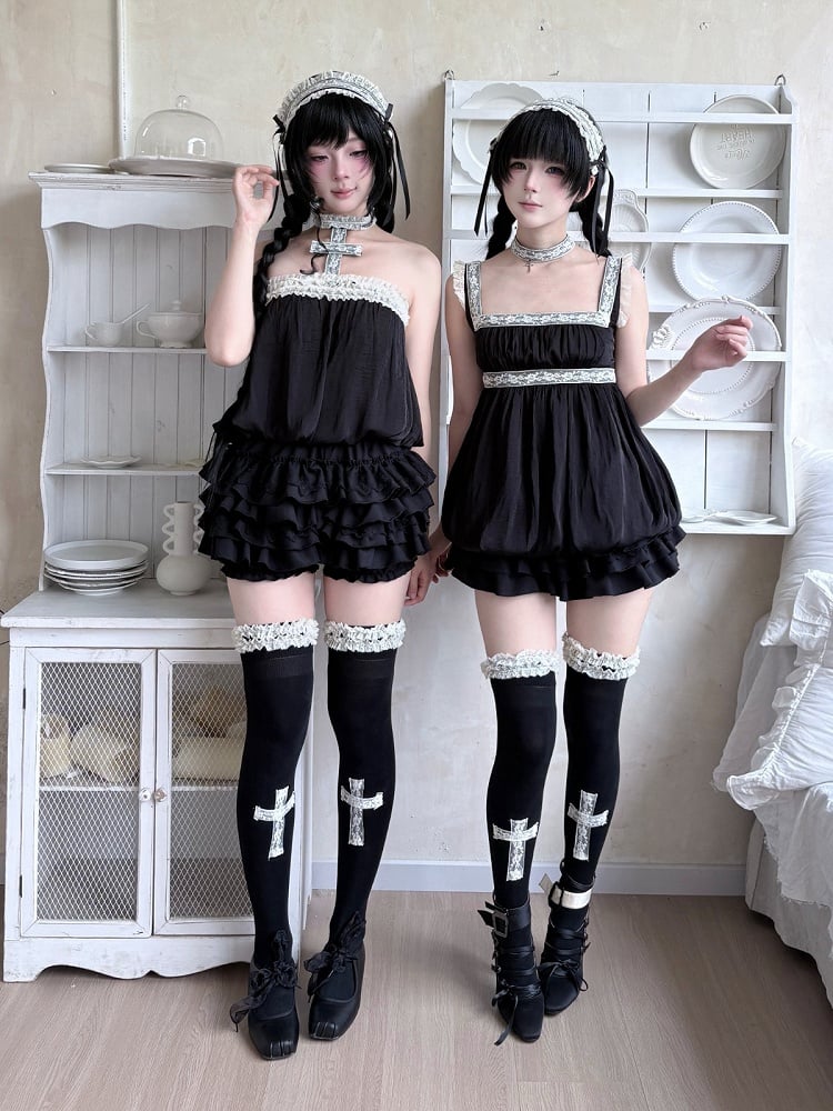 Gothic Black Strapless Bubble Hem Top with Lace Trim Accents - Damn Girl