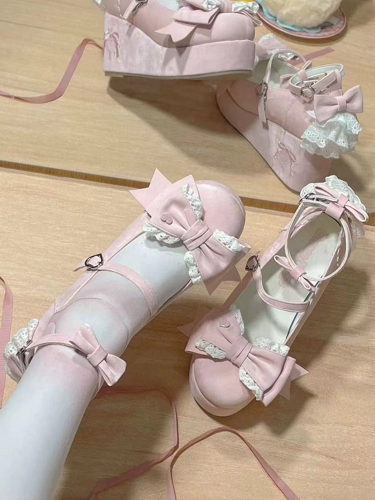 - Lace Layered Pink Back Satin Lolita Sweet Shoes Platform