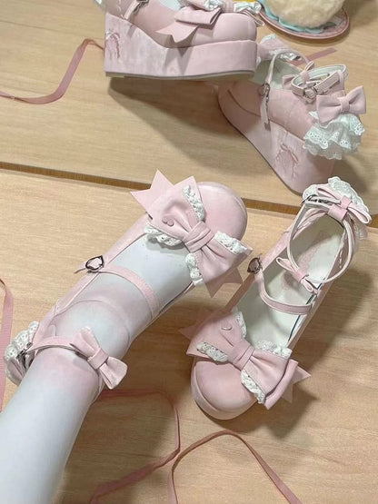 - Lace Layered Pink Back Satin Lolita Sweet Shoes Platform