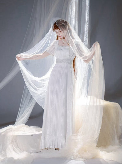White Square Neckline Empire Dress Lolita OP with Bead Details - sanshanjiu