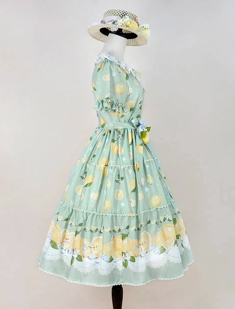 Summer and Print Spring for Chick Dress Green Lolita Short Sleeves Lemon