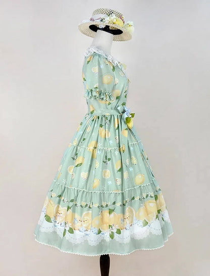 Summer and Print Spring for Chick Dress Green Lolita Short Sleeves Lemon
