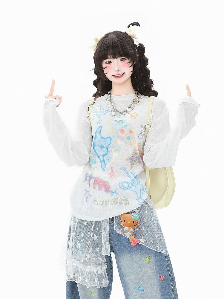 Sun Protection Long Top Vibrant Loose-Fit White/Green Sleeve Print