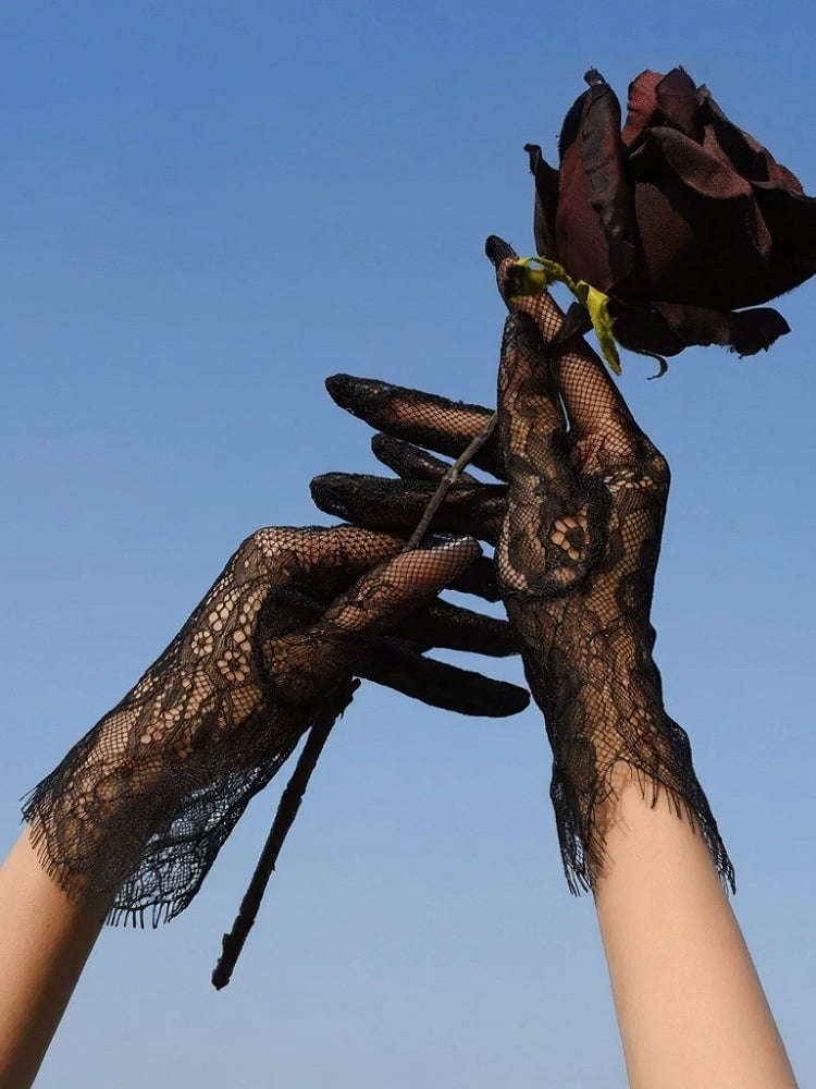 Short Lace Gloves with Floral Pattern in Two Shades - Mr. Cat