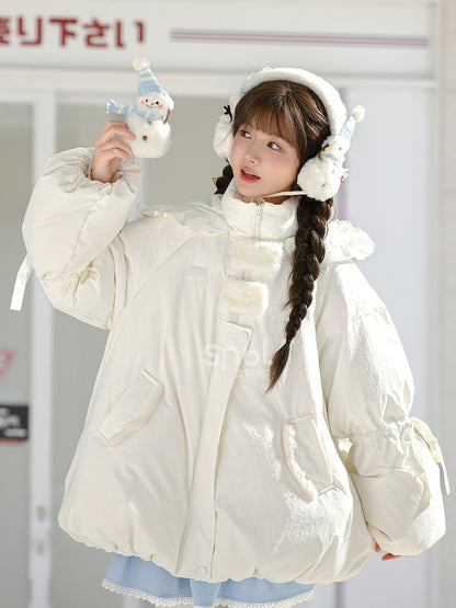Cute Snowman Adorned White Hooded Puffer Down Jacket Bubble Silhouette