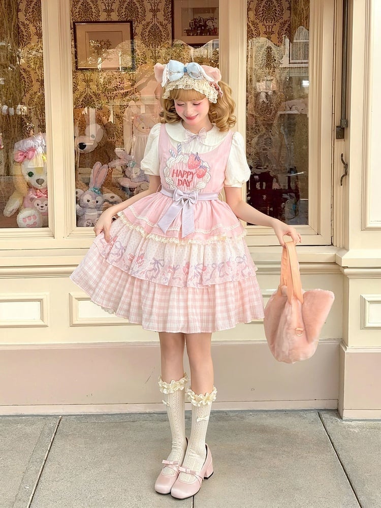 Süße Erdbeerkuchen Stickerei Peter Kragen Lolita Kleid Rock Tiered Pan Pink