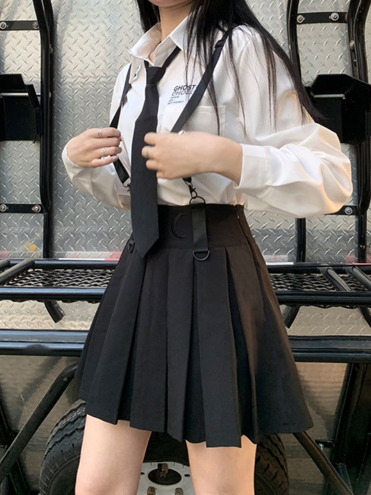 Black High Waist Box Pleat Overall Skirt