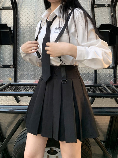 Black High Waist Box Pleat Overall Skirt