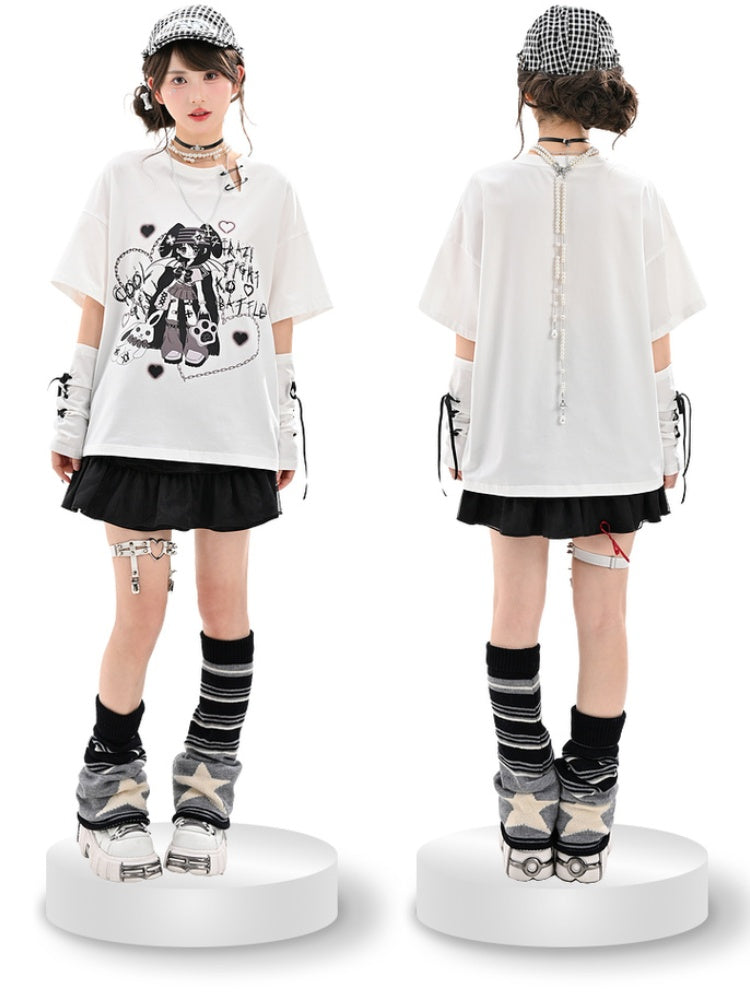 Lace-up with Neckline Detail Punk Girl Print Slit Gloves White Y2K T-Shirt