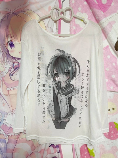 Print Semi-Sheer Cartoon Top White with Loose