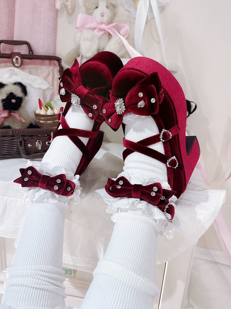 レッドジライジェーンズオールドメアリーワイン系ロリータボウベルベットハイヒールブロックアクセントスクール