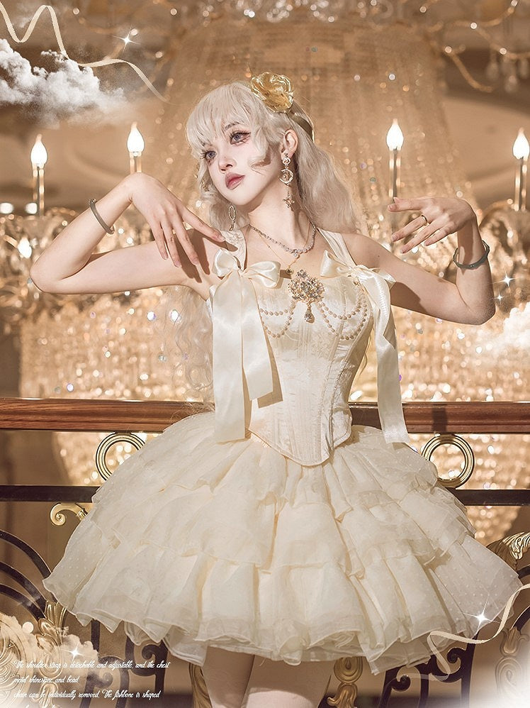 Layered Decorated Skirt Corset Top Rhinestone Tulle Jacquard + Champagne Set