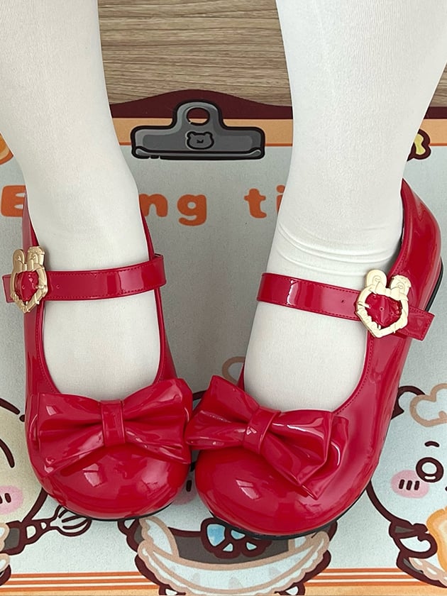Wine Red Sweet Lolita Mary Jane Shoes - Round Toe with Bow Details & Rabbit Buckle