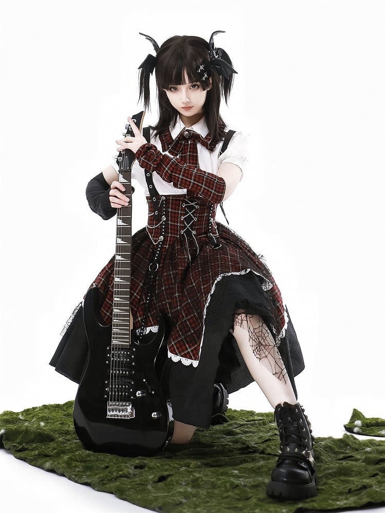 Dress Lolita Punk Red Black Plaid Overall Sleeves Detachable + Blouse Puff-Sleeve