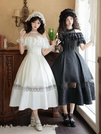 Halter Fabric Rosette Full Set Illusion Dress Jacquard Elegant White Neck