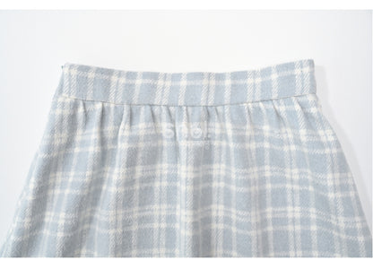 ブルーのチェック柄ハイウエストレーストリムミディスカート