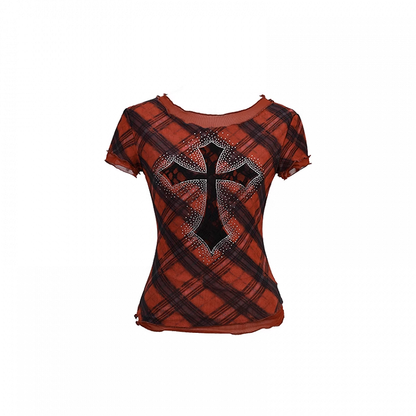 Embellished Glamorous Mesh T-Shirt Cross Y2K Punk Rhinestone Red Plaid Pattern