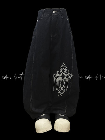 ダークブルーのクロスプリント ルーズワイドレッグジーンズ