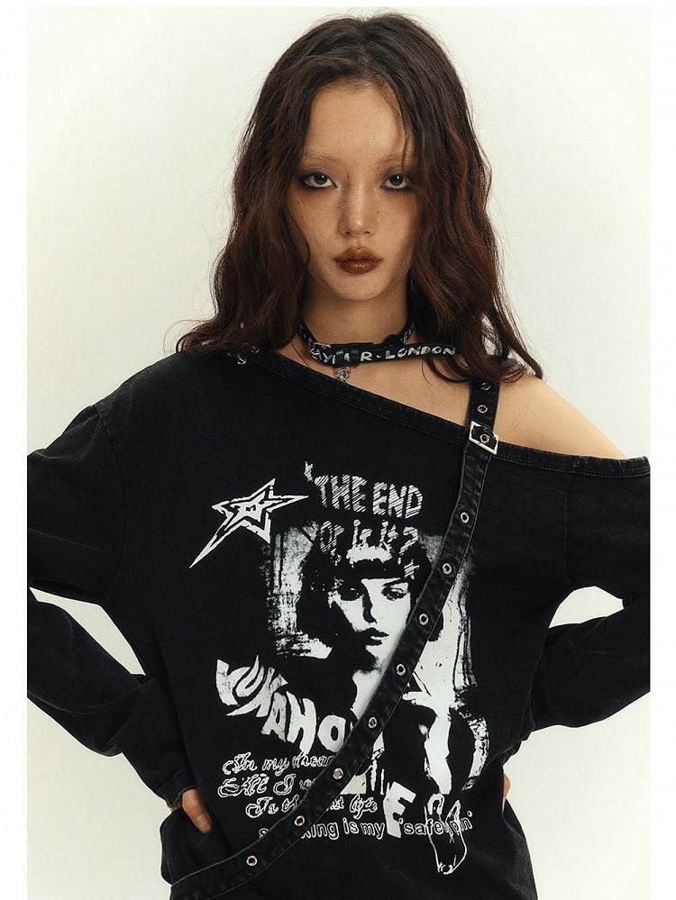 Cutout Schulter Top Y2K Punk Schwarz Asymmetrisch