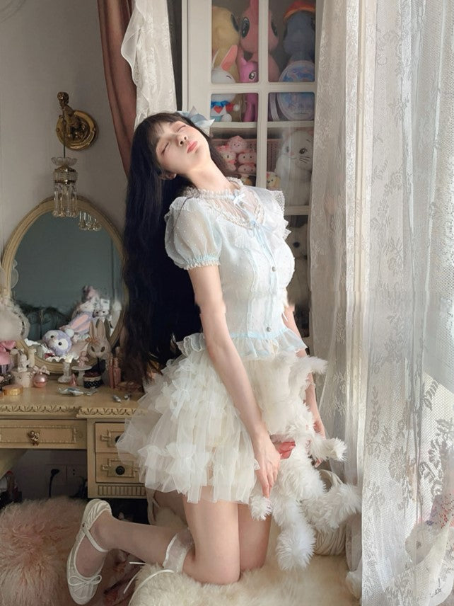 Chiffon Puff Sleeve Blue Polka-dot Top