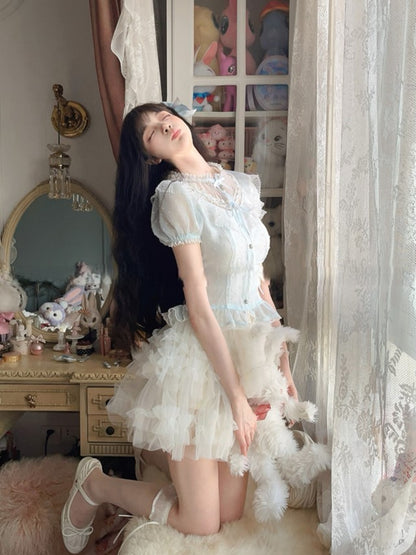 Chiffon Puff Sleeve Blue Polka-dot Top