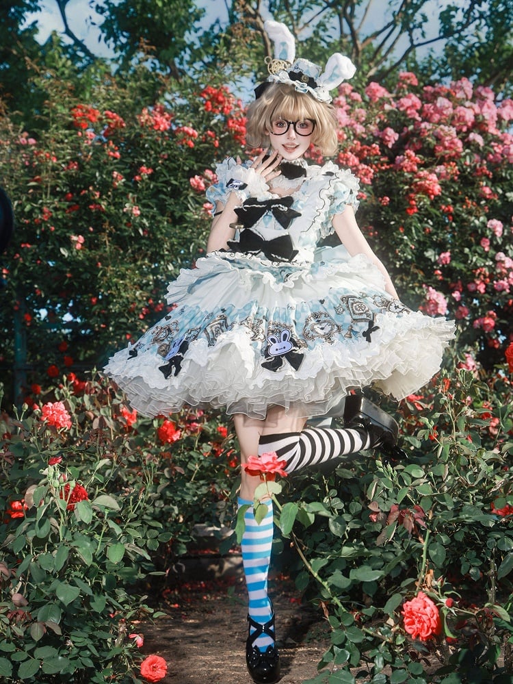 Blue White Alice Wonderland Sweet Lolita OP Dress Set - Untitled Heartbeat