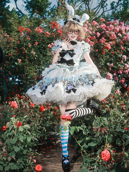 Blue White Alice Wonderland Sweet Lolita OP Dress Set - Untitled Heartbeat