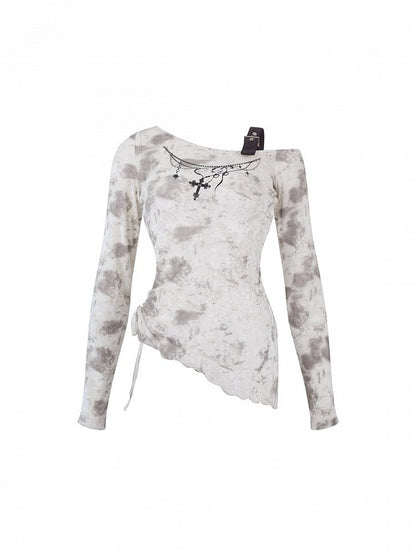 Punk Kawaii Soft Top Beige Design Printed Fashion Asymmetrical