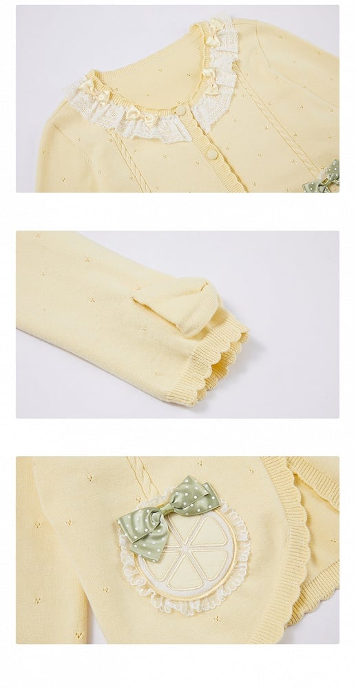 イエローの長袖レモンアップリケカーディガン