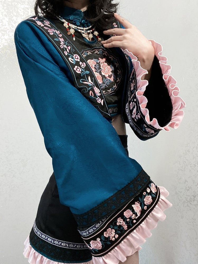 Blue Cuffs Sleeves Embroidery Dark Long Floral Ruffled Pink with Ouji Top Lolita