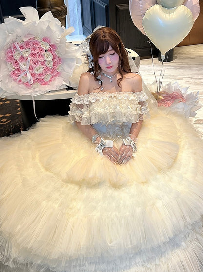 Ruffled Bow Accent with Details Layered Lolita and Tulle Hime White Dress