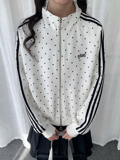 White Striped Zip-Up Jacket with Polka Dot Pattern - Solkatt