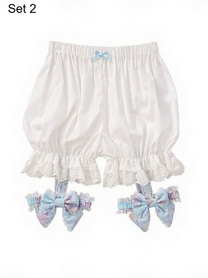 White Lolita Pumpkin Shorts with Removable Blue and Yellow Bow Leg Rings - Vcastle