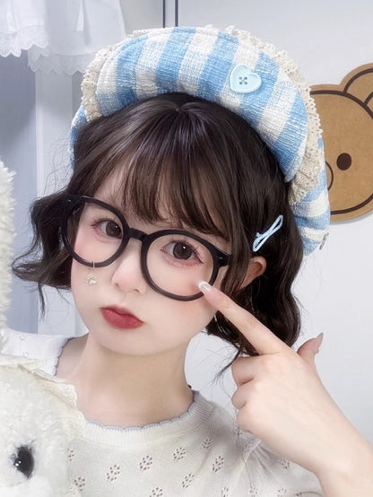 Heart-Shaped Button Hat Lace Blue Beret with Trim Plaid White