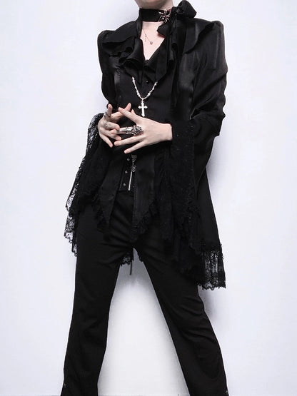 Sleeves Split-tail Shirt Lolita With Bell Black Ouji Gothic Lace Trim And